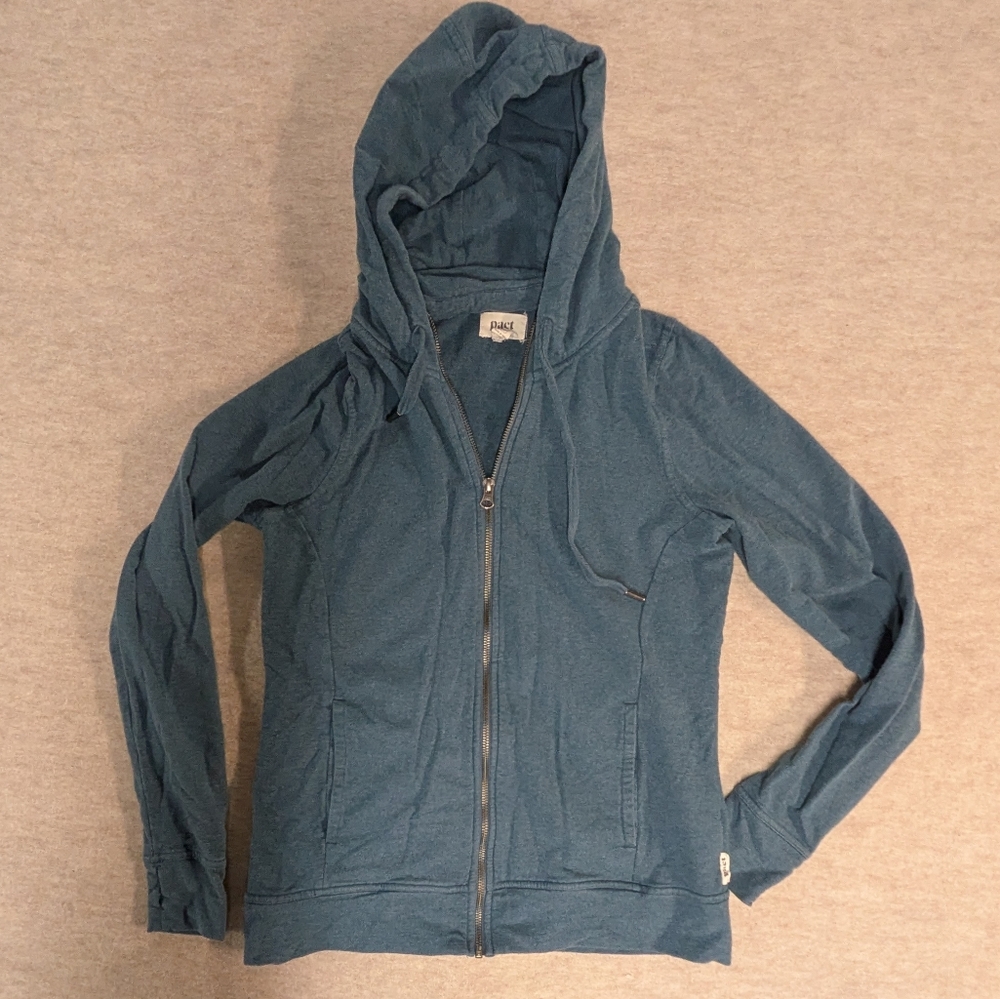 Pact Organic Slate Blue Zip-Up Hoodie With Collar & Pockets Thumb Holes Size S